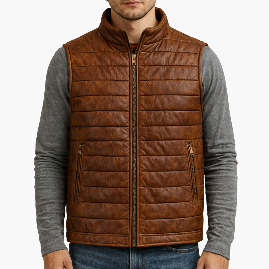 Brown Leather Puffer Vest