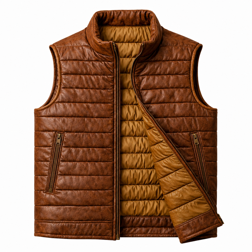 Brown Leather Puffer Vest