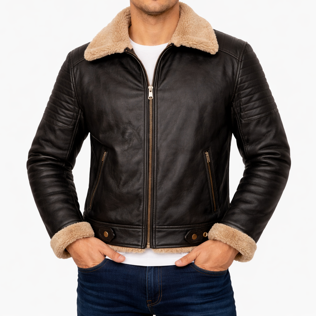 Black Shearling Collar Leather Jacket
