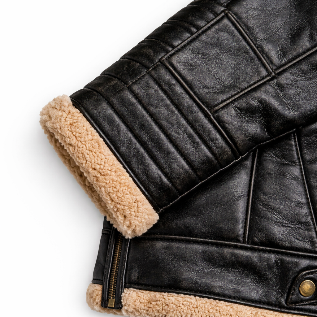 Black Shearling Collar Leather Jacket